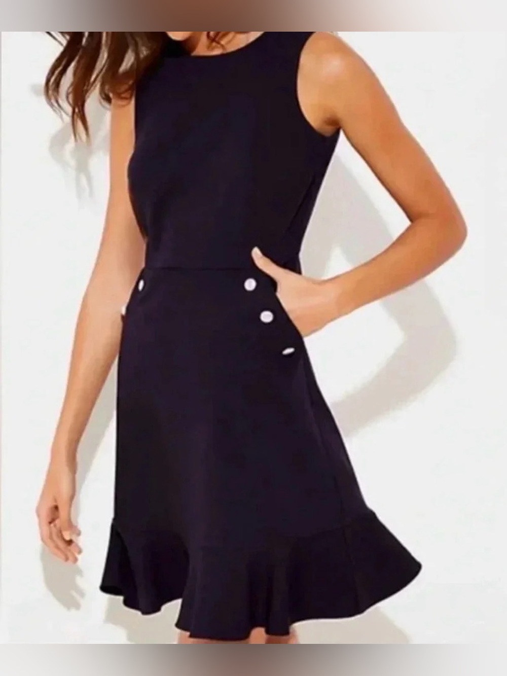 Ann Taylor LOFT Navy Blue Flounce Dress w/Faux Pearl Buttons Sz 0 Balletcore